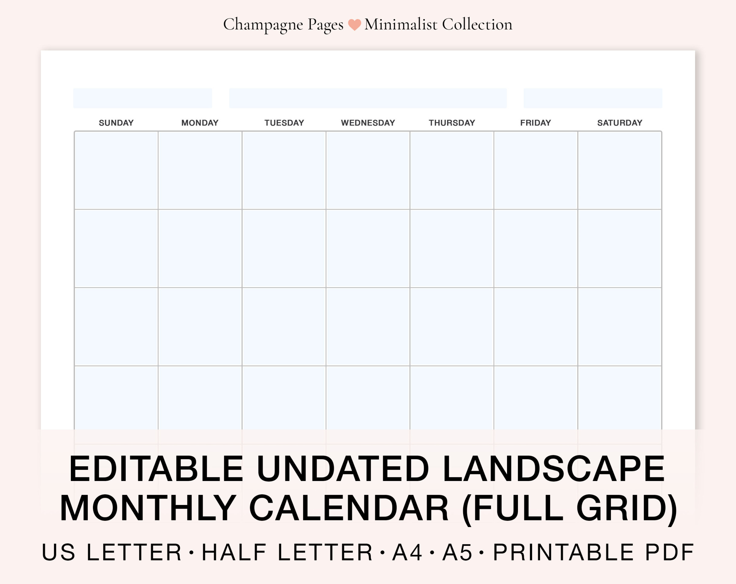 Landscape Editable/fillable Blank Monthly Calendar, Horizontal